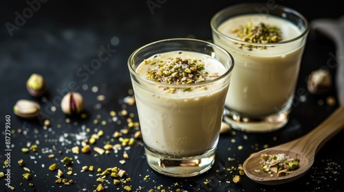 Celebrate World International Milk Day with two glasses of creamy Pistachio milk sprinkled with crunchy Pistachio seeds beautifully presented on a wooden spoon against a backdrop of a sleek 