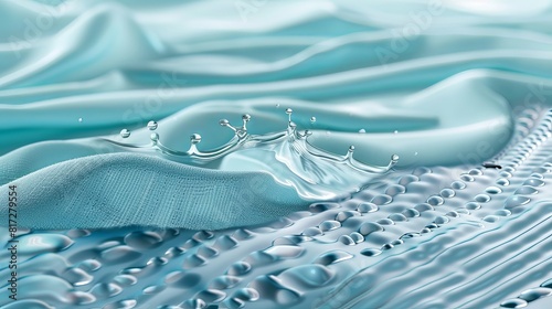 Vector illustration depicting a sanitary absorbent fabric layer pad with a cotton surface, allowing water droplets to flow through, demonstrating hygroscopic properties.