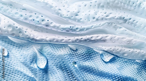 Vector illustration depicting a sanitary absorbent fabric layer pad with a cotton surface, allowing water droplets to flow through, demonstrating hygroscopic properties. photo