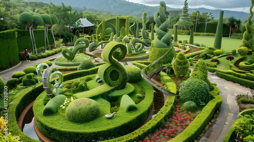 A whimsical garden with topiary sculptures and winding paths