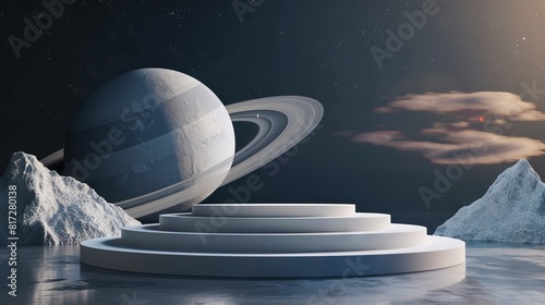 A white platform with saturn and icebergs in the background. photo