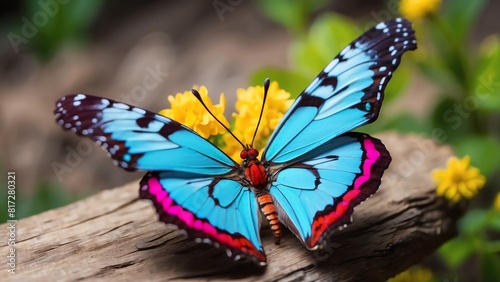 A vibrant blue butterfly with pink and yellow markings perches on a brown branch. The butterfly's wings are spread wide, displaying their intricate patterns. photo