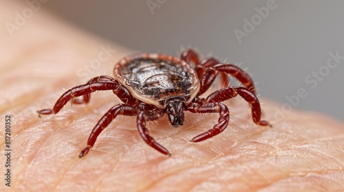 Close up shot with high quality lighting capturing forest tick perched on a hand © Anzhela