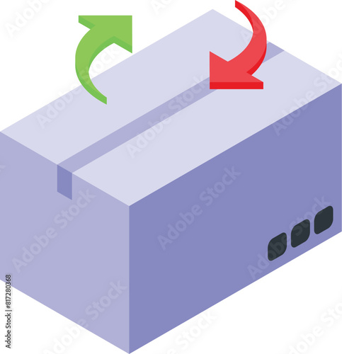 Colorful isometric illustration depicting two arrows circling above a box, symbolizing exchange or sync