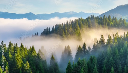 the tranquility of a fog kissed fir forest where mist wraps the trees in a soft embrace crafting a mesmerizing and picturesque mountain vista