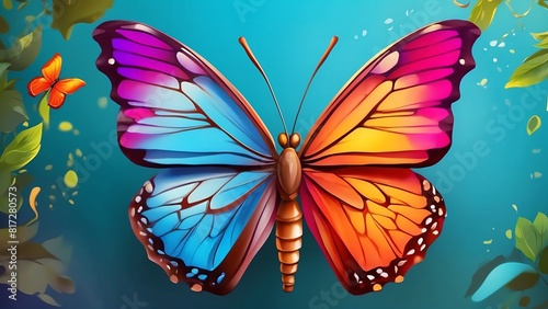 The image shows a watercolor painting of a butterfly with vibrant colors. The butterfly has one wing blue and purple and the other orange and yellow. photo
