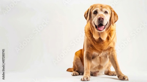 A golden retriever dog sitting on a white background.