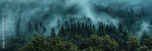 Forest Wallpaper. Aerial View of Misty Forest with Fog and Mountain