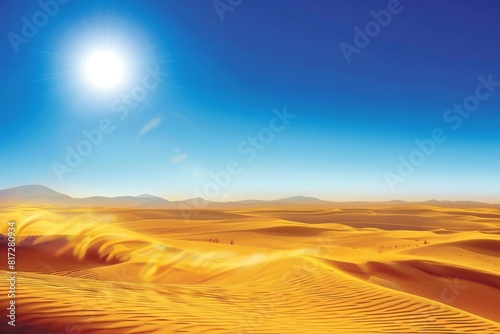 Golden sand dunes under a vibrant sun in a vast desert landscape