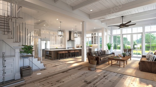 A rendering of a large living room with wood floors. photo