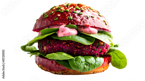  A colorful veggie burger with a quinoa patty, spinach, and vegan mayo in a vibrant beetroot, transparent background