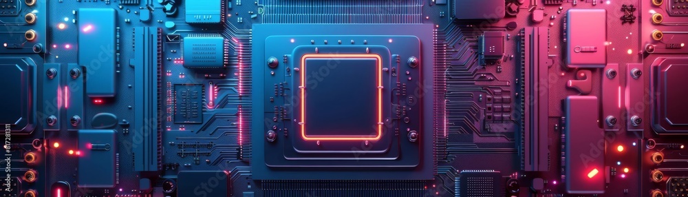 The image is a close-up of a computer chip. The chip is surrounded by a blue and red circuit board. The image is a close-up of a computer chip. The chip is surrounded by a blue and red circuit board.