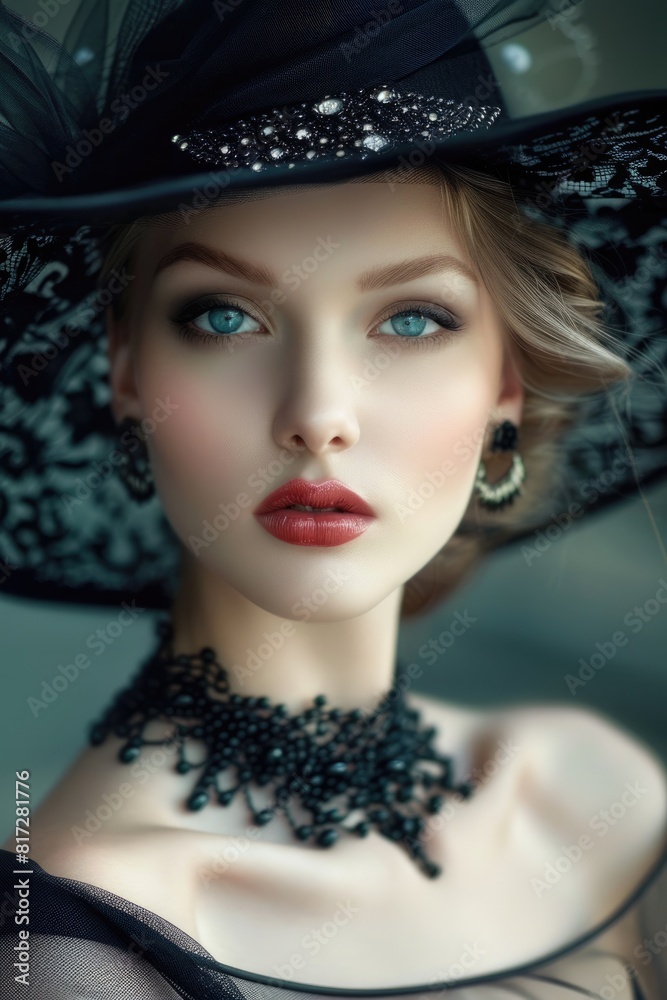 Fototapeta premium Elegant Lady. Portrait of Beautiful Young Girl in Black Evening Dress and Stylish Hat