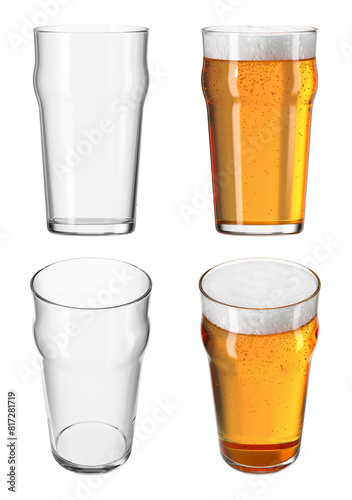 Pint of beer on isolated transparent background. Set of empty glasses and with drink in different angles. Bar theme. 3d rendering.