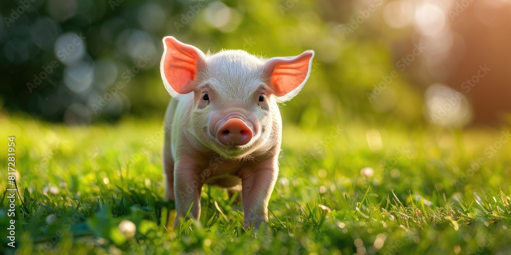 Fototapeta premium Cute Baby Animal. Baby Pig Standing on Grass Lawn in Farm Environment. Concept of Animal Health,