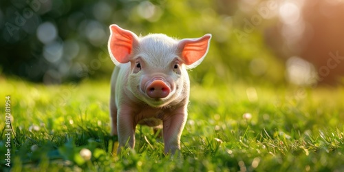 Cute Baby Animal. Baby Pig Standing on Grass Lawn in Farm Environment. Concept of Animal Health,