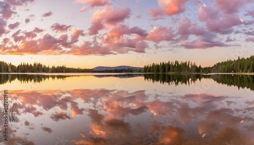 soft clouds in shades of pink and lavender are mirrored in the still waters of the lake creating a picturesque sunset scene