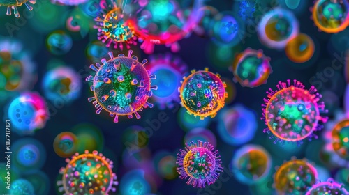 Artistic photo of vibrant virus particles under a microscope, blending scientific accuracy with abstract art