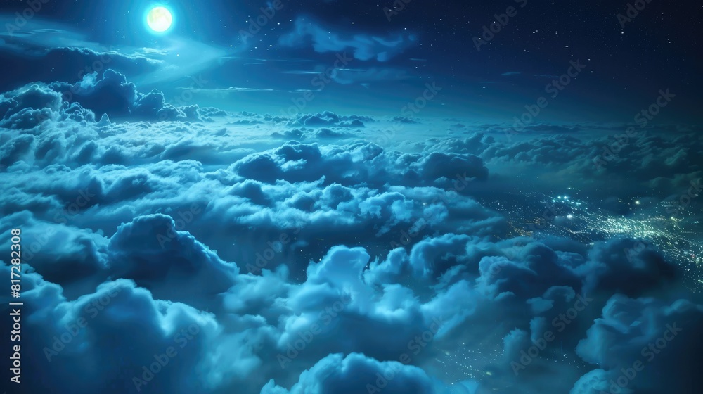 Obraz premium Clouds City. Night Aerial View of Moonlit City Through Moving Cloudscape