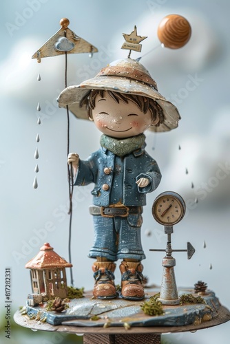 Toy figure of a cute little boy wearing warm clothes and brimmed hat with weather gauge and weather vane. Humorous portrayal of a young meteorologist. Light gray studio background. photo