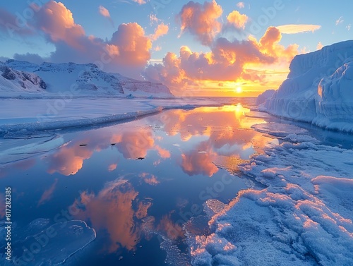 A beautiful sunset over ice and water. photo