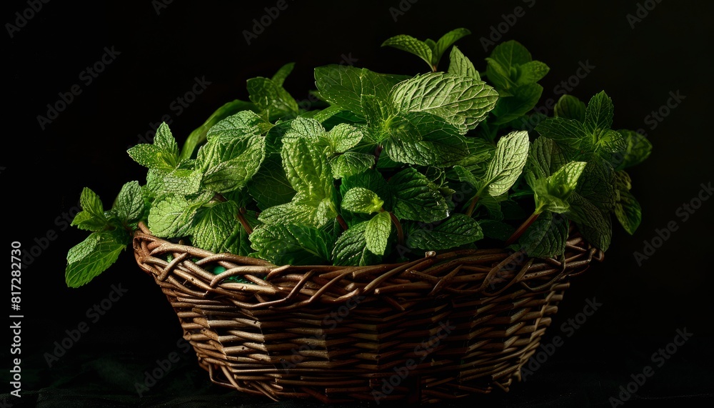 Mint in a basket, as seen from an angle Mint in a basket, as seen from an angle