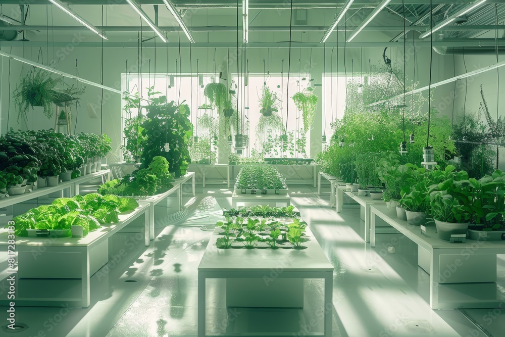 Modern urban farming facility with lush green plants and hydroponic systems, bathed in sunlight.