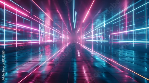 3d abstract technology glowing neon fast speed light background  empty space scene  reflection floor  virtual reality  cyber space futuristic sci-fi background  motion line high speed for mock up.