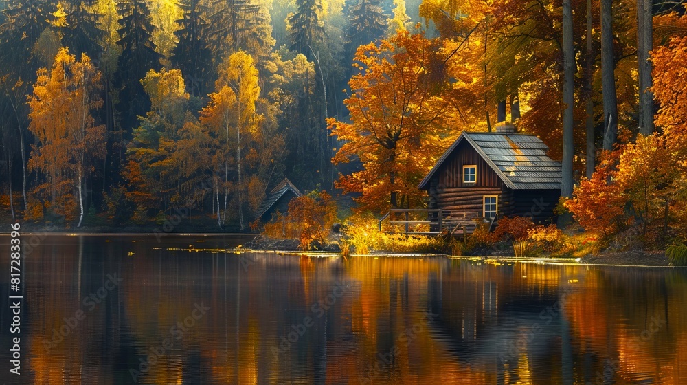 A cabin is surrounded by trees and water in the fall. A cabin is surrounded by trees and water in the fall.