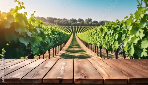 the empty wooden table top with blur background of vineyard exuberant image high quality photo
