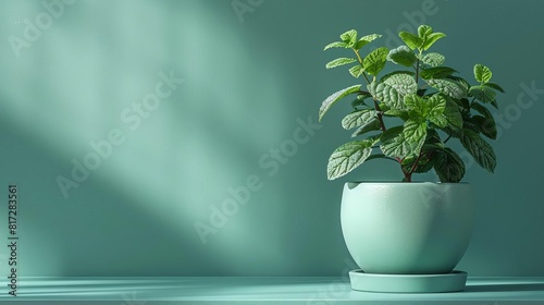The photo shows a green plant in a green pot on a green table against a green background.