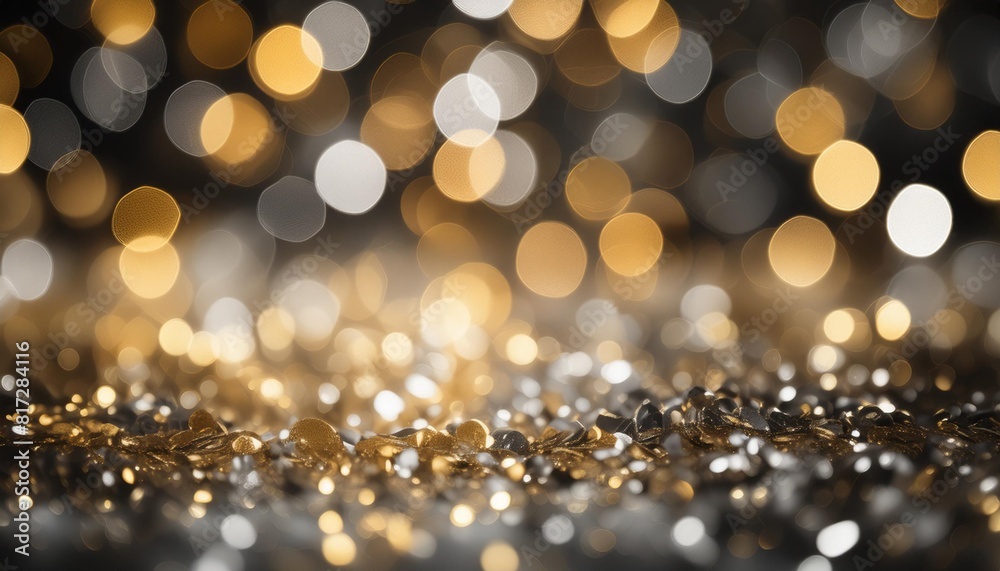 background of abstract gold black and silver glitter lights defocused