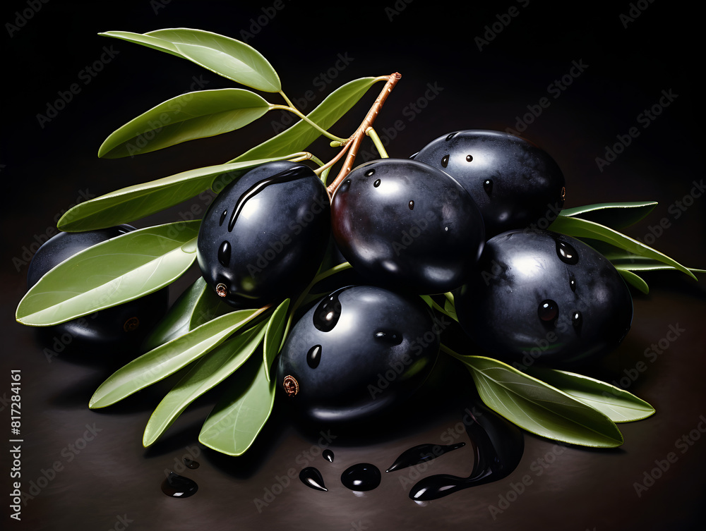 Black olives with leaves isolated on dark background Black olives with leaves isolated on dark background