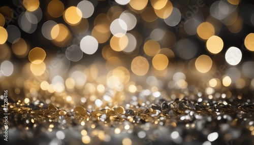 background of abstract gold black and silver glitter lights defocused