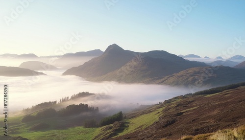 misty morning in the scottish highlands with rugged hills partially veiled in fog copy space 16 9 photo