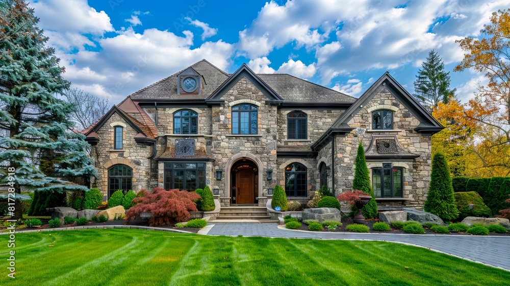 A beautiful stone home with a driveway and lawn.