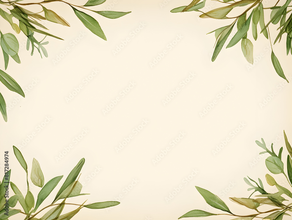 Illustration frame with green olive leaves and beige free copy space background