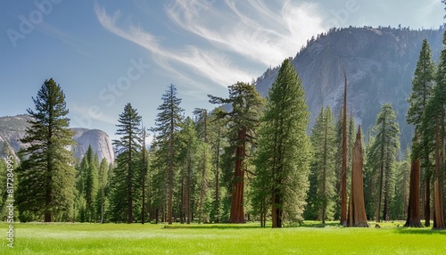 ponderosa pine and incense cedar trees in a lush green forest in yosemite national park photo