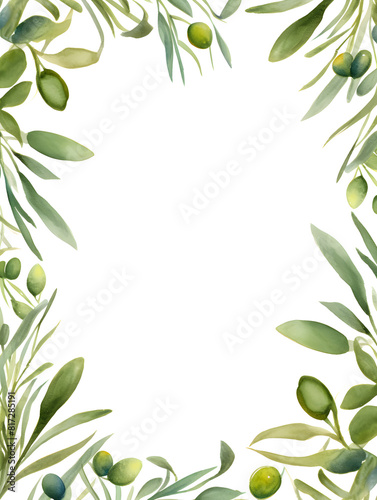 Watercolor frame with green olive leaves around and white background inside