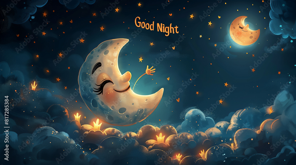 Cute illustration of night scenery with moon and words Good Night.