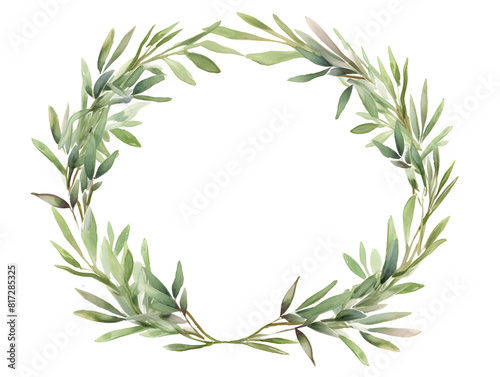 Watercolor wreath frame with green olive leaves and on white background 