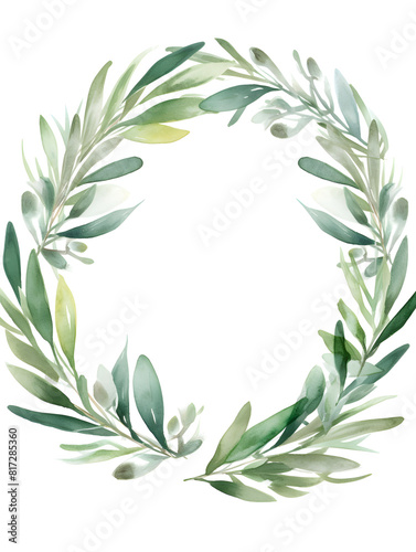 Watercolor wreath frame with green olive leaves and on white background 