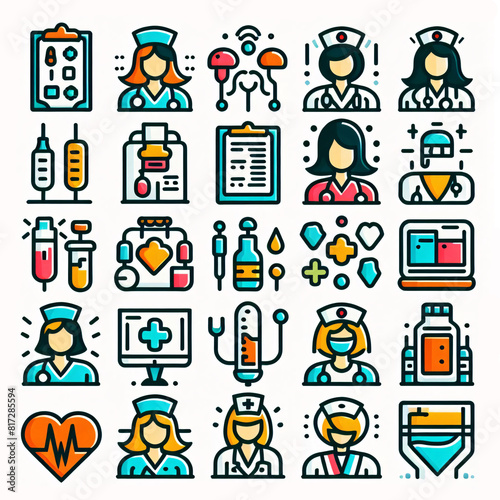 Icons on medical theme, group of people-medics with professional tools, tools,hospital equipment. Flat art for medical centres, booklets, banners. photo