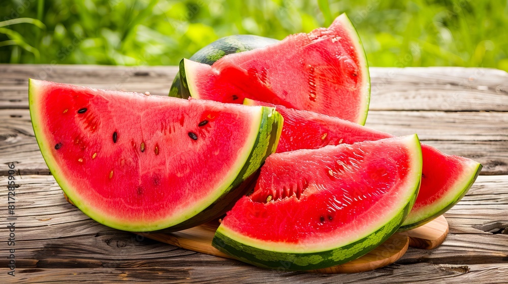 Watermelon slices on a wooden cutting board. Watermelon slices on a wooden cutting board.