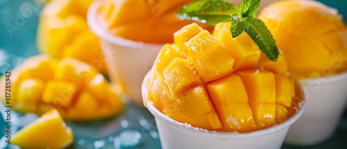 Mangoes are in cups with mint leaves.
