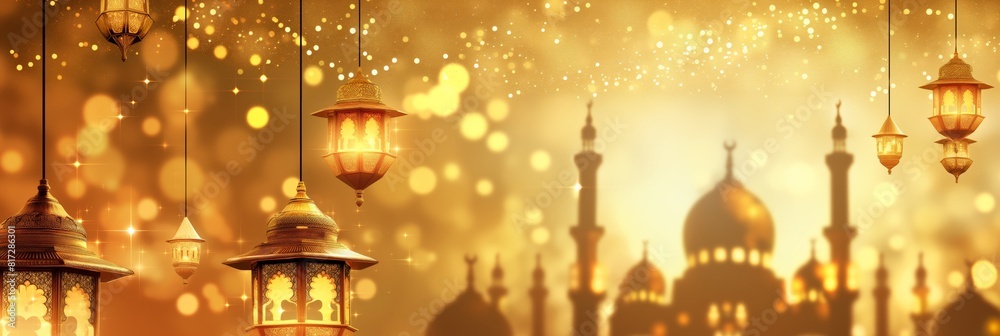 Ornate golden lanterns with a blurred mosque silhouette in the golden bokeh background Ornate golden lanterns with a blurred mosque silhouette in the golden bokeh background