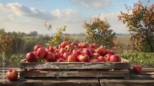 Crate Of Red Apples On Wooden Harvest Table Wi th Field Trees And Sky Background - Autumn And Harvest realistic