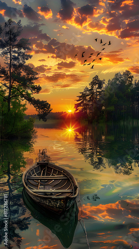 Evoking Serenity: Rustic Boat on a Lake with Reflective Sunset and Soaring Birds © Vincent