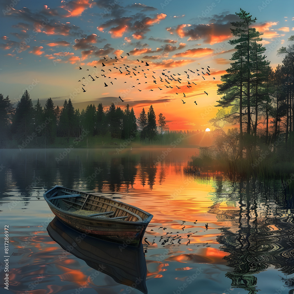 Evoking Serenity: Rustic Boat on a Lake with Reflective Sunset and Soaring Birds