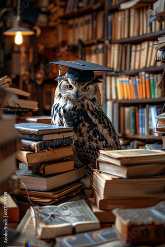Wallpaper Mural Cute owl wearing graduation cap sitting on pile of books in library, close-up shot Torontodigital.ca